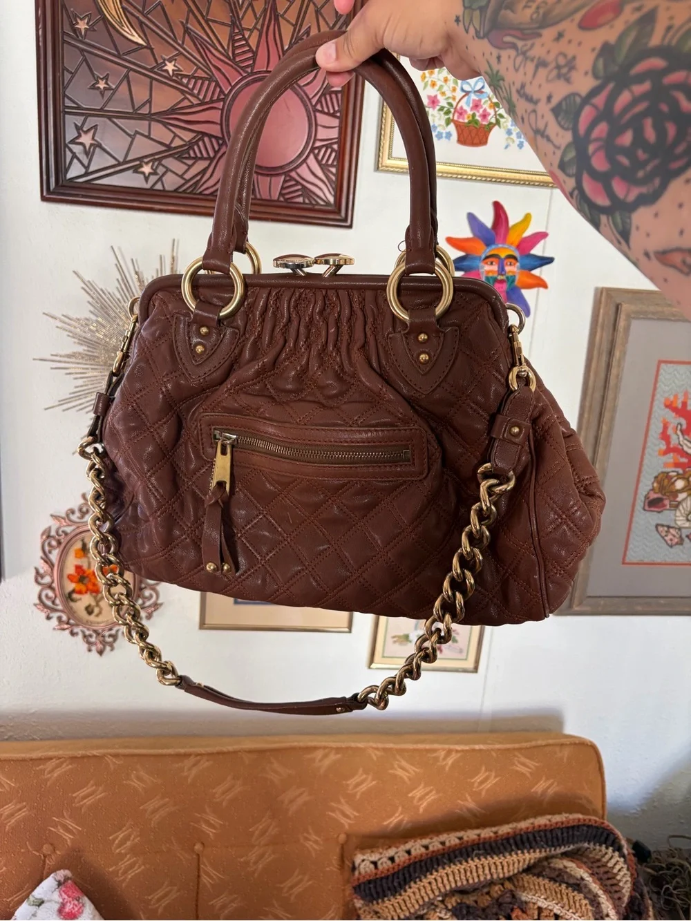 Marc Jacobs Stam Purse Satchel Frame Handbag Brown Quilted Leather Chain Strap